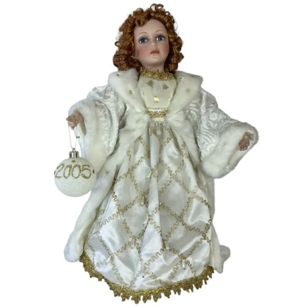 Porcelain Angel Doll Vintage Christmas 05 Red Auburn Hair w/Stand White Gold 19”